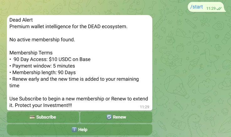 Bot start and subscription screen